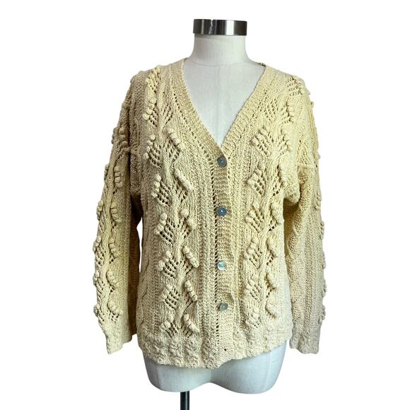 Vintage Laura Ashley Cotton French Knot Pom Crochet Knitted Cardigan Yellow SZ M - Picture 1 of 7